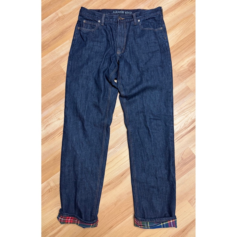 Lands' End Flannel Lined Jeans Traditional Fit Dark‎ Wash Denim Size 36